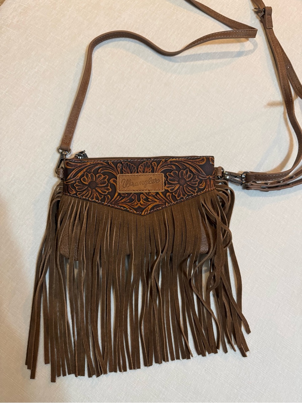 Wrangler Tan Floral Tooled Fringe Crossbody Bag Western Flair